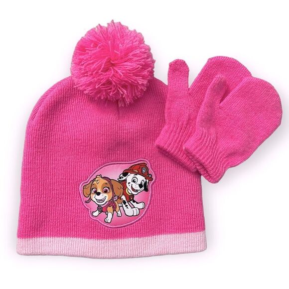 Nickelodeon Paw Patrol Skye & Marshall Pink Pom Pom Knit Beanie and Mittens OS - Picture 1 of 12